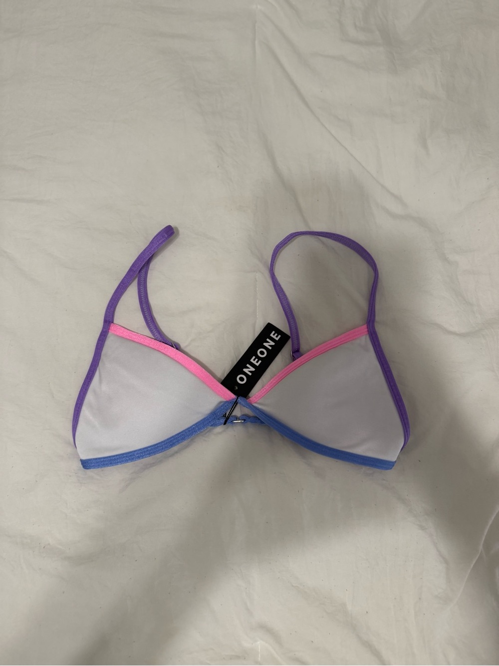 ONEONE Swim White Triangle Bralette with Purple Trim and Pink Accent